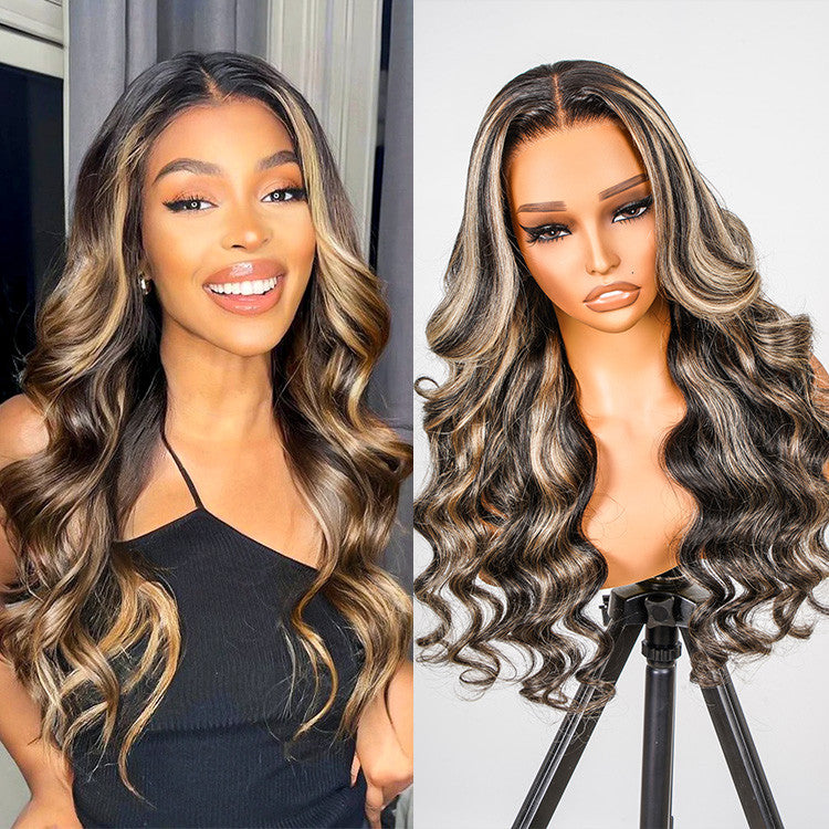 Black Wig With Honey Blonde Highlights Body Wave Piano Colored Lace Wigs