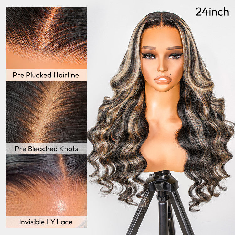 Black Wig With Honey Blonde Highlights Body Wave Piano Colored Lace Wigs