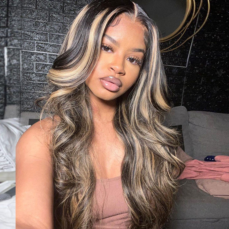 Black Wig With Honey Blonde Highlights Body Wave Piano Colored Lace Wigs